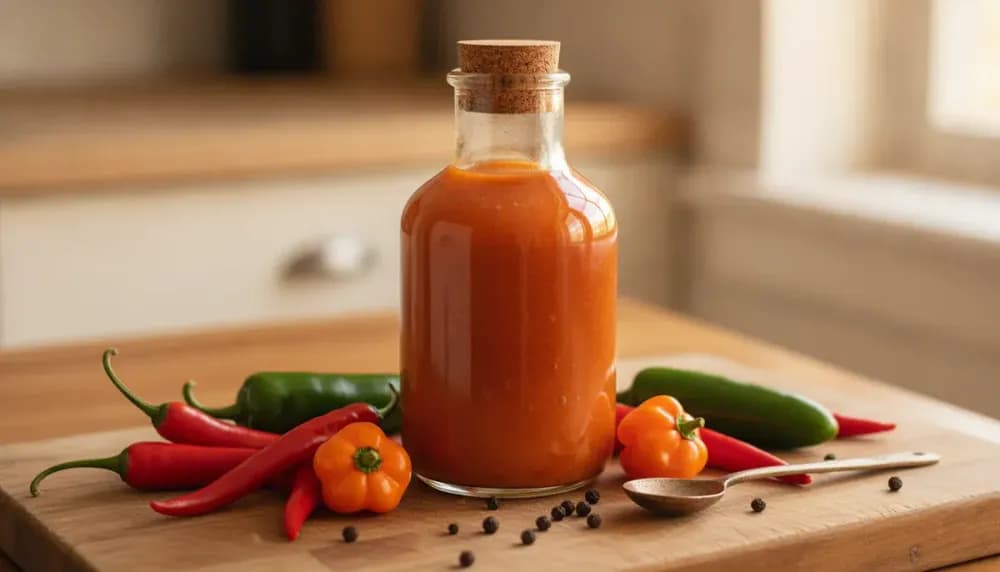 Bottle of homemade fermented hot sauce surrounded by fresh colorful chili peppers