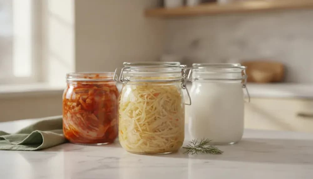 Three glass jars of fermented foods - kimchi, sauerkraut, and kefir - arranged on marble surface in natural light