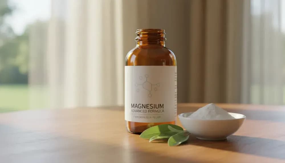 Magnesium supplement bottle and powder on wooden surface with natural morning light