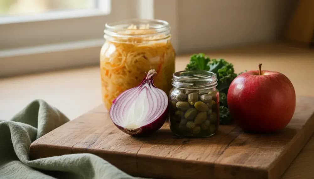 Quercetin-rich foods including red onion, capers, kale, and apple arranged with fermented sauerkraut on wooden cutting board