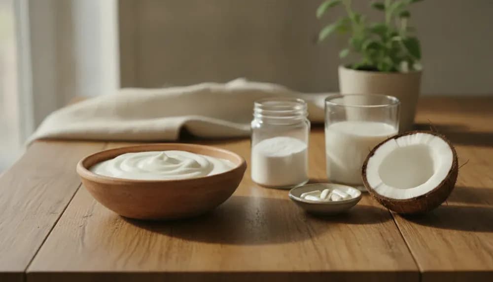 Creamy homemade coconut-milk L. reuteri yogurt in a rustic bowl with plain jars and fresh coconut