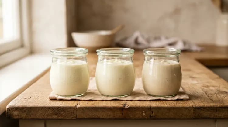 Three glass jars of thick homemade L. reuteri yogurt on a wooden kitchen counter