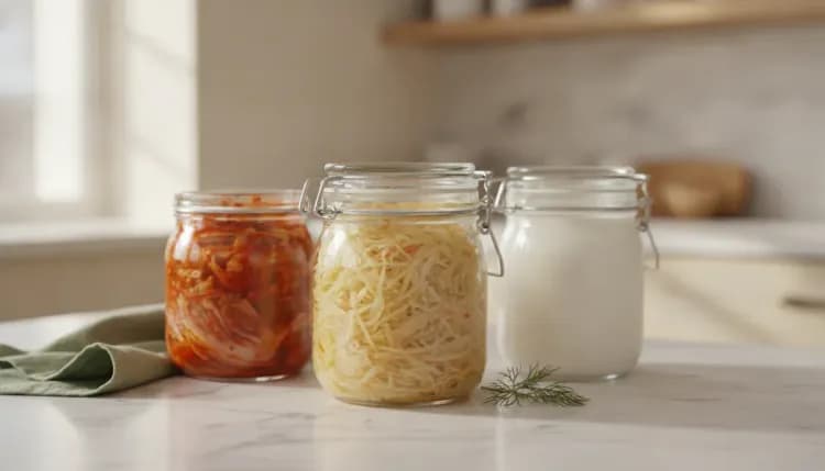 Three glass jars of fermented foods - kimchi, sauerkraut, and kefir - arranged on marble surface in natural light