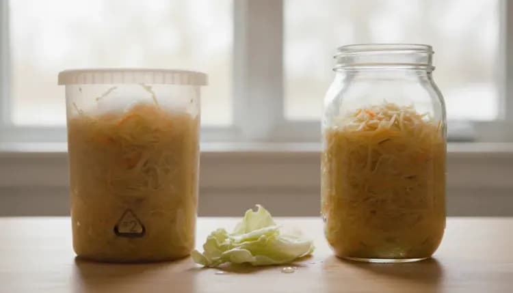 Food-grade plastic container and glass jar side by side, both containing sauerkraut