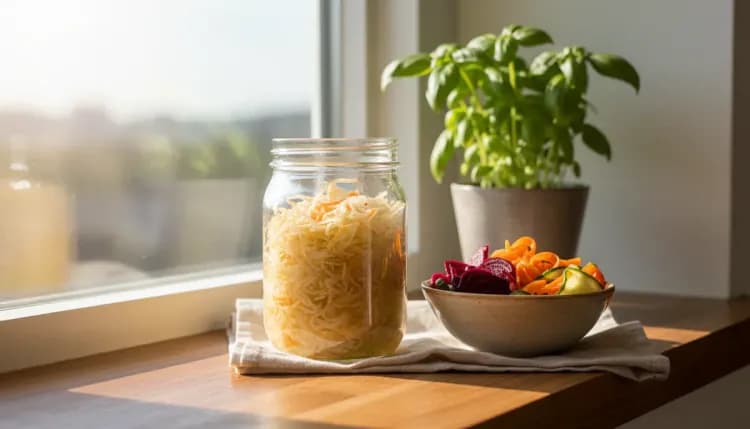 Jars of colorful fermented vegetables on a sunlit windowsill