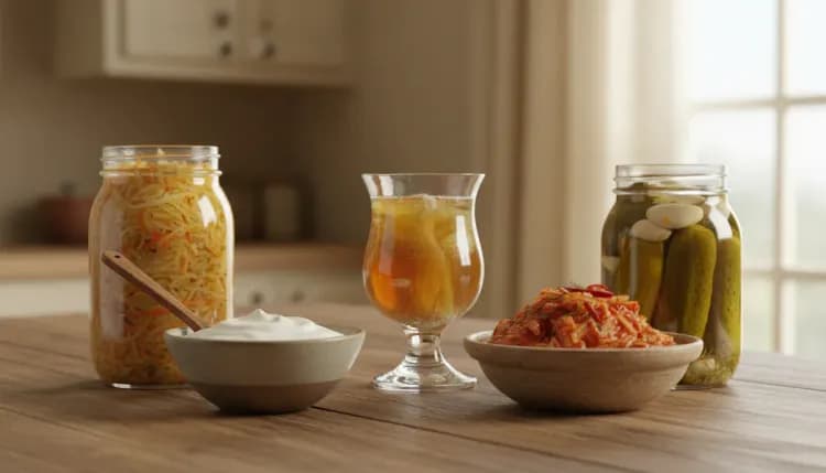 Five different fermented foods in glass containers showing variety of probiotic sources
