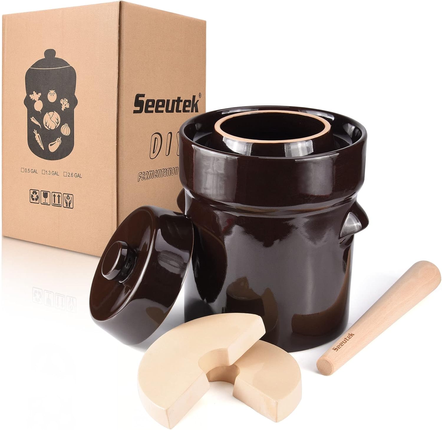 Image of Seeutek Fermentation Crock Jar 5L – Stoneware Pot with Weights, Lid & Pickle Tamper
