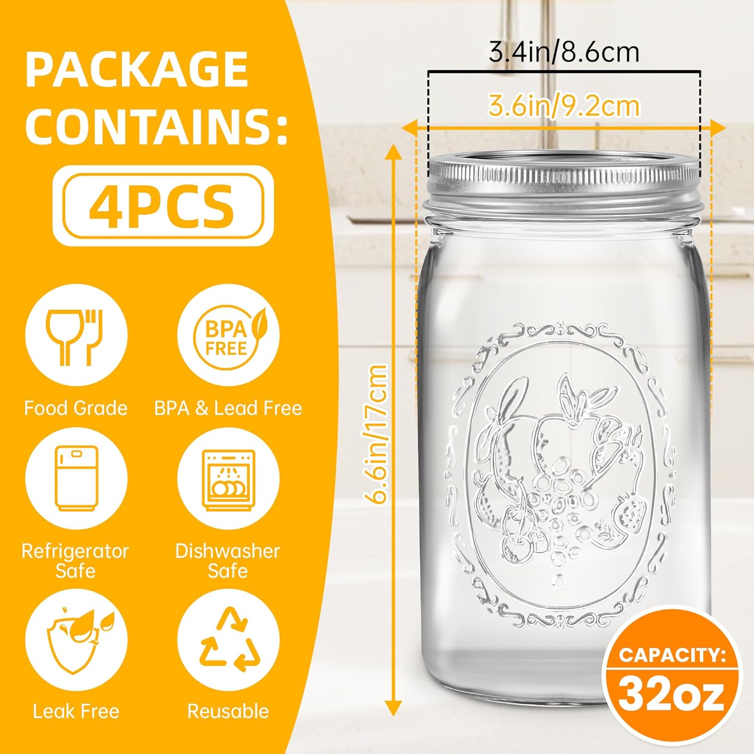 Wide Mouth Mason Jars 32 oz (4-Pack) by Miuyhji - image from Amazon 2
