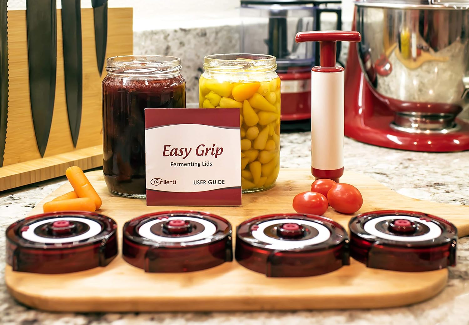 Brillenti Easy Grip Fermenting Lids Kit (4-Pack + Pump) - image from Amazon 5