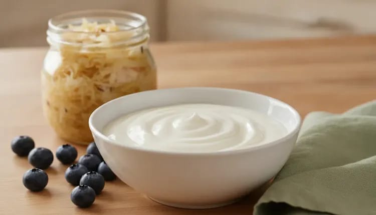 Bowl of probiotic yogurt with blueberries beside jar of sauerkraut on wooden surface