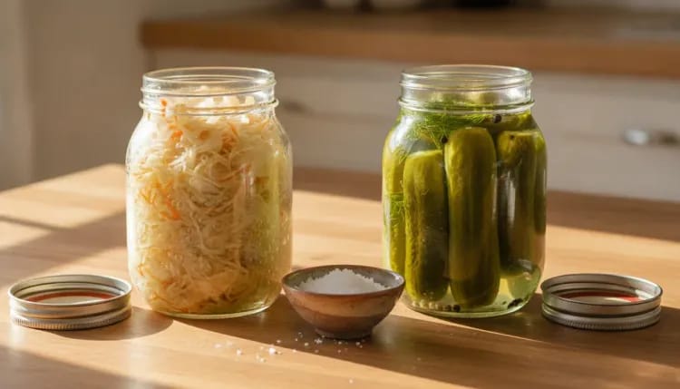 Two mason jars side by side showing fermented sauerkraut and vinegar pickles
