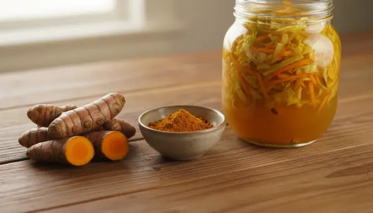 Fresh turmeric root and fermented vegetables in glass jar on wooden surface