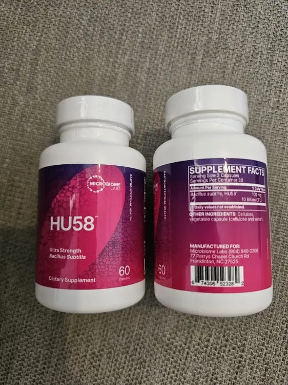 Two bottles of Microbiome Labs HU58 Bacillus subtilis, freshly delivered