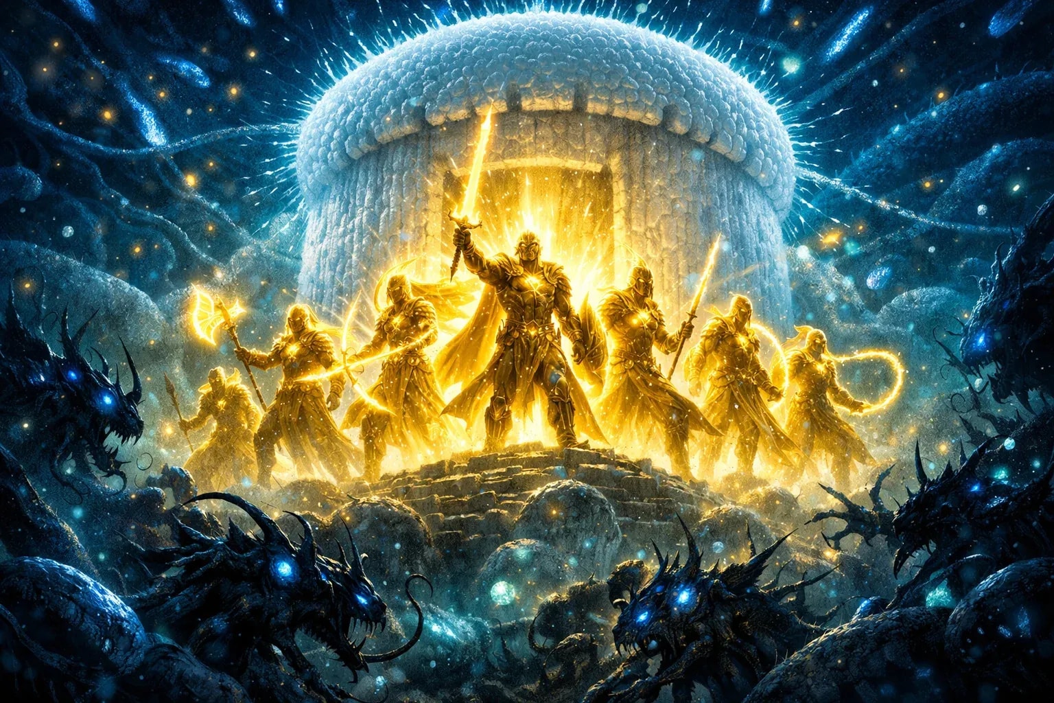 Microscopic world rendered as epic fantasy battle scene. Seven luminous golden warriors (bacteriocins) emerging from a glowing white fortress (B. subtilis), each carrying different weapons of light. They face a dark chaotic mass of shadow creatures. Bioluminescent color palette—deep blues, bright golds, electric teals. Cinematic composition with dramatic rim lighting. Style of scientific illustration. 8K detail.