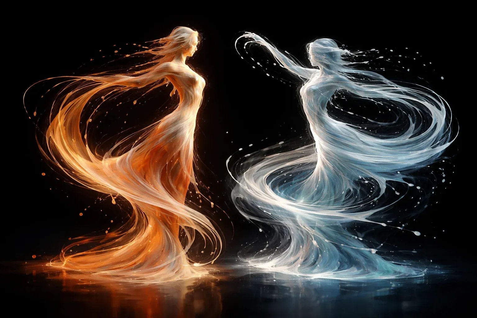 Two abstract human figures made entirely of flowing liquid yogurt, dancing together but at different rhythms. One figure burns warm—amber, orange, soft red tones, moving slowly and deliberately (36 hours). The other cool and quick—silver, pale blue, mint—spinning faster (24 hours). They spiral around each other without touching. Black background. Long exposure photography aesthetic. Fluid dynamics frozen in time.