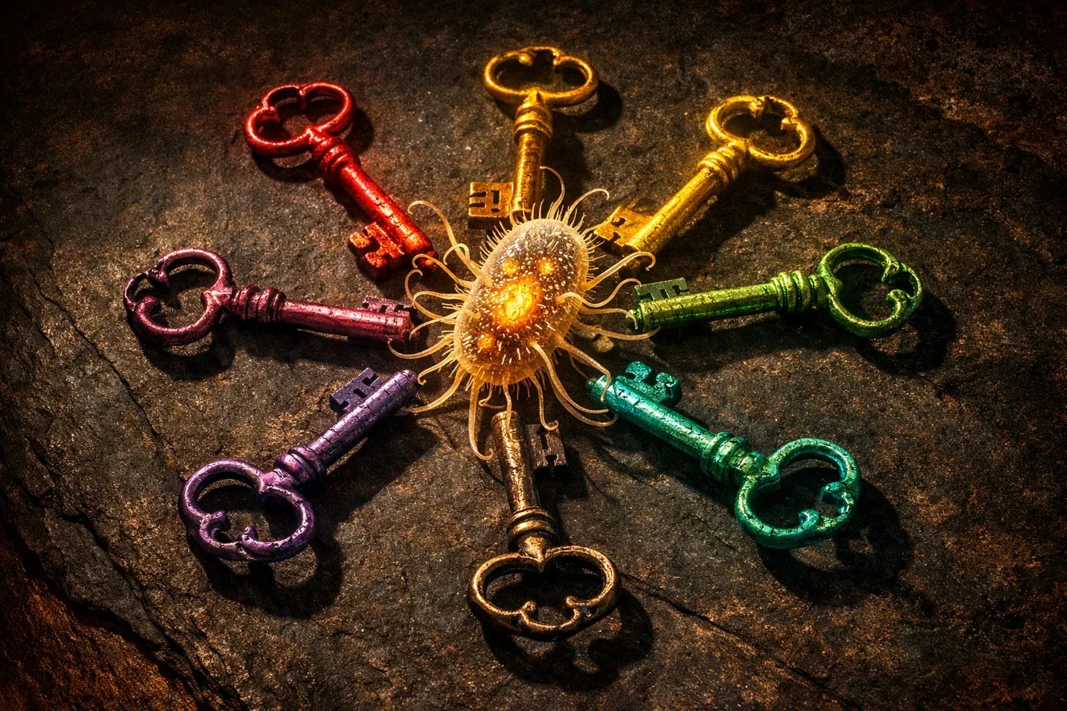 Still life composition: seven antique skeleton keys arranged in a circle on dark slate, each key glowing a different color of the spectrum. In the center, a single bacterial cell rendered in exquisite detail, appearing to hold all seven keys at once. Soft directional lighting creating long shadows. Dutch Golden Age painting meets modern product photography. Rich, moody, mysterious. Symbolizing the seven bacteriocins.