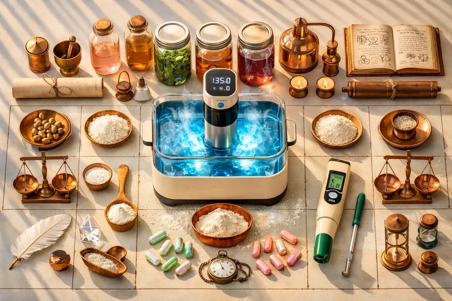 Overhead flat lay of fermentation setup transformed into alchemist's workspace. Mason jars as potion vessels. Sous vide as mystical heating element with glowing water. Scattered probiotic capsules like precious gems. Inulin powder as magical dust. pH meter as divining instrument. Morning light casting long shadows. Everything arranged with obsessive symmetry. Wes Anderson color palette—soft pastels, cream, copper accents. Editorial photography perfection.