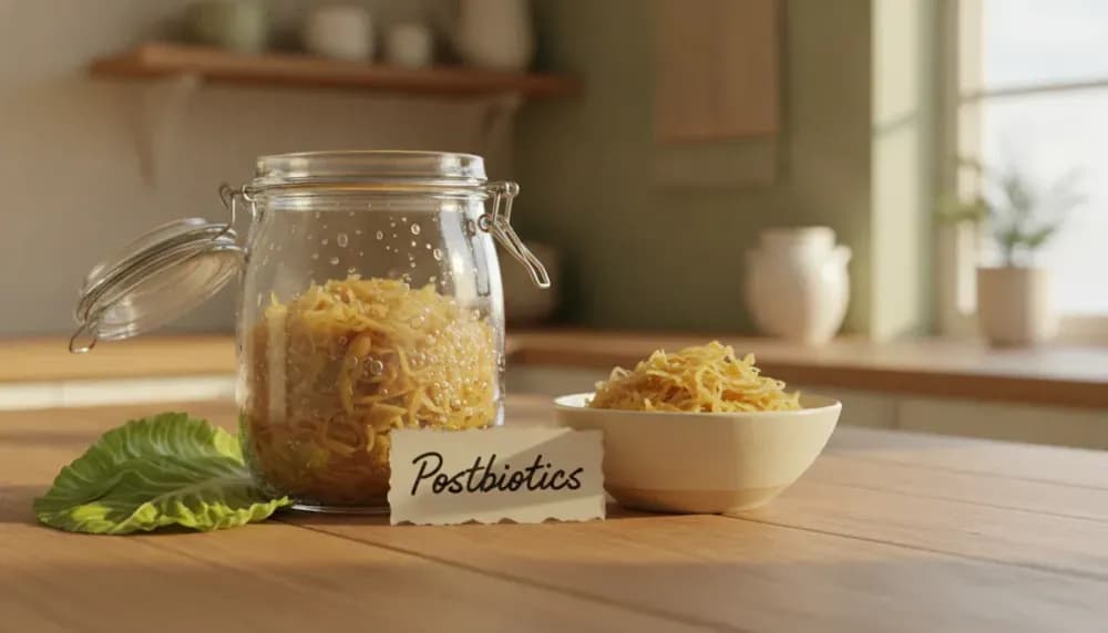 Glass jar of golden sauerkraut beside served bowl, illustrating postbiotic content