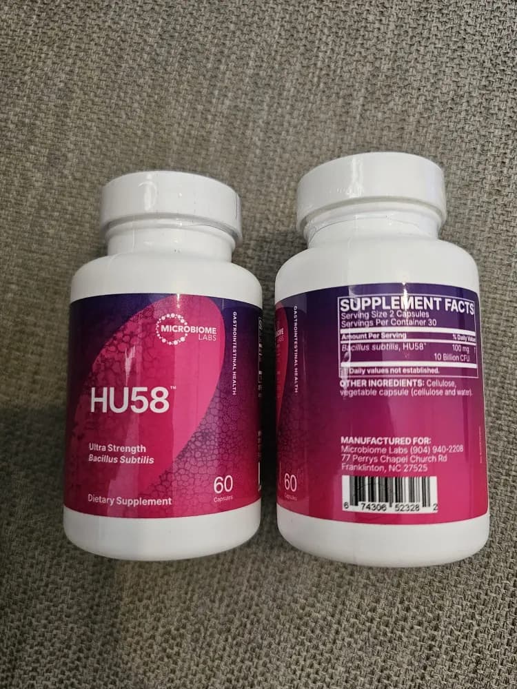 Two bottles of Microbiome Labs HU58 Bacillus subtilis, freshly delivered