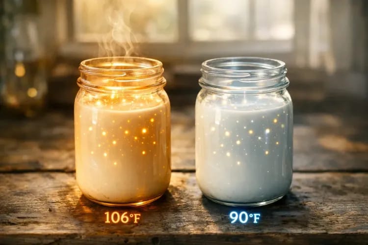 Two glass mason jars side by side on a weathered wooden surface, one glowing warm amber (106°F), one cool silvery-blue (90°F), both filled with creamy white yogurt. Soft morning light streaming through a kitchen window. Wisps of steam rising from the warm jar. Tiny golden particles floating in both like captured starlight. Shot from slightly above, shallow depth of field. Food photography meets fine art. Hasselblad medium format aesthetic.