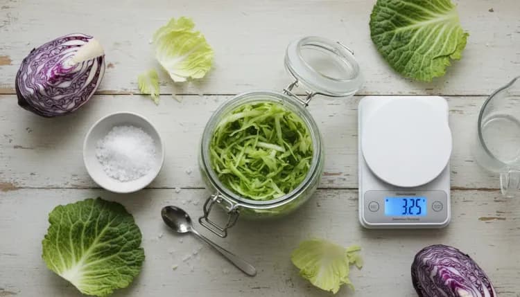 Overhead view of fermentation setup with jar of sauerkraut, bowl of salt, and digital scale on wooden surface
