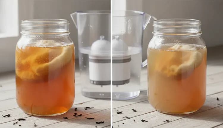 Two kombucha jars side by side showing healthy versus struggling fermentation with water filter between them