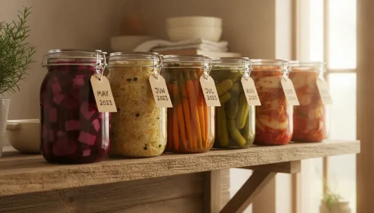 Collection of colorful fermented vegetables in glass jars on wooden shelf