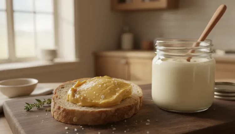 Golden cultured butter melting on artisan bread beside jar of cultured cream