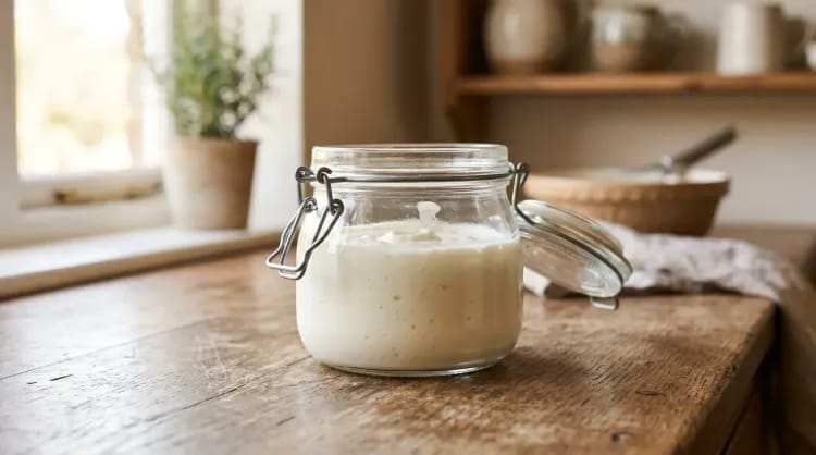A glass jar of thick, creamy homemade L. reuteri yogurt resting on a wooden counter