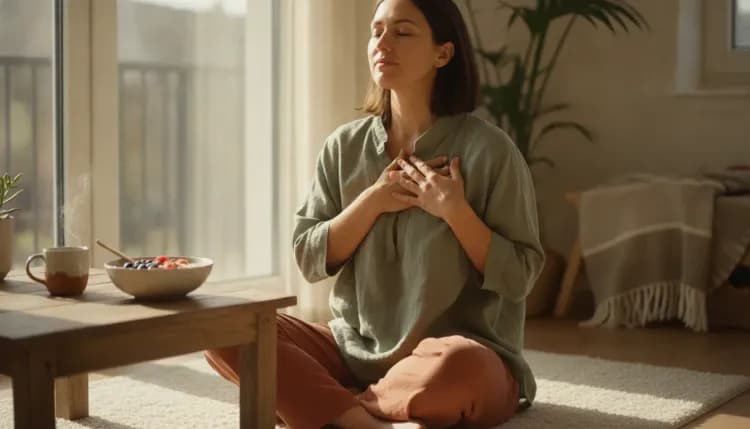 A woman rests a hand on her heart by a sunlit window beside a bowl of homemade yogurt