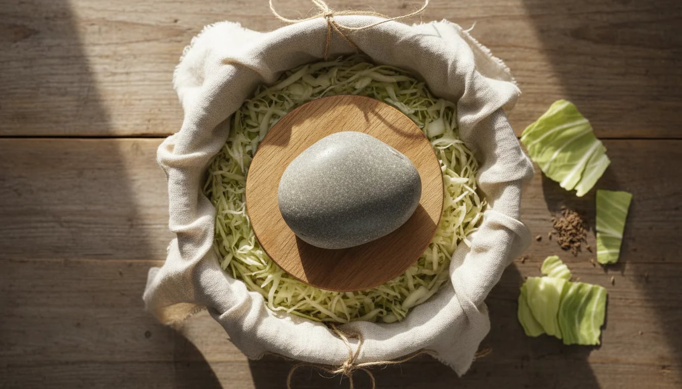 Traditional ceramic crock with cloth cover and stone weight for open fermentation