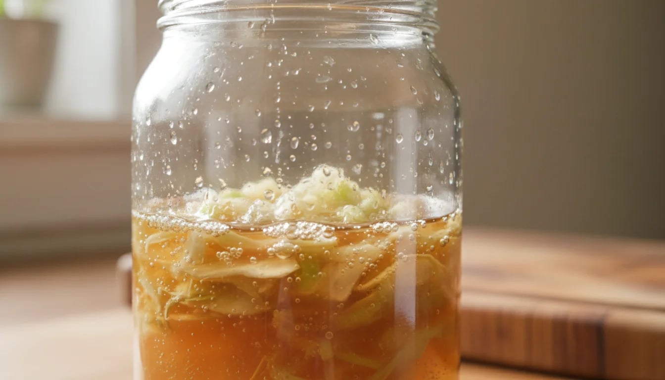 Close-up of fermentation bubbles rising through brine in glass jar