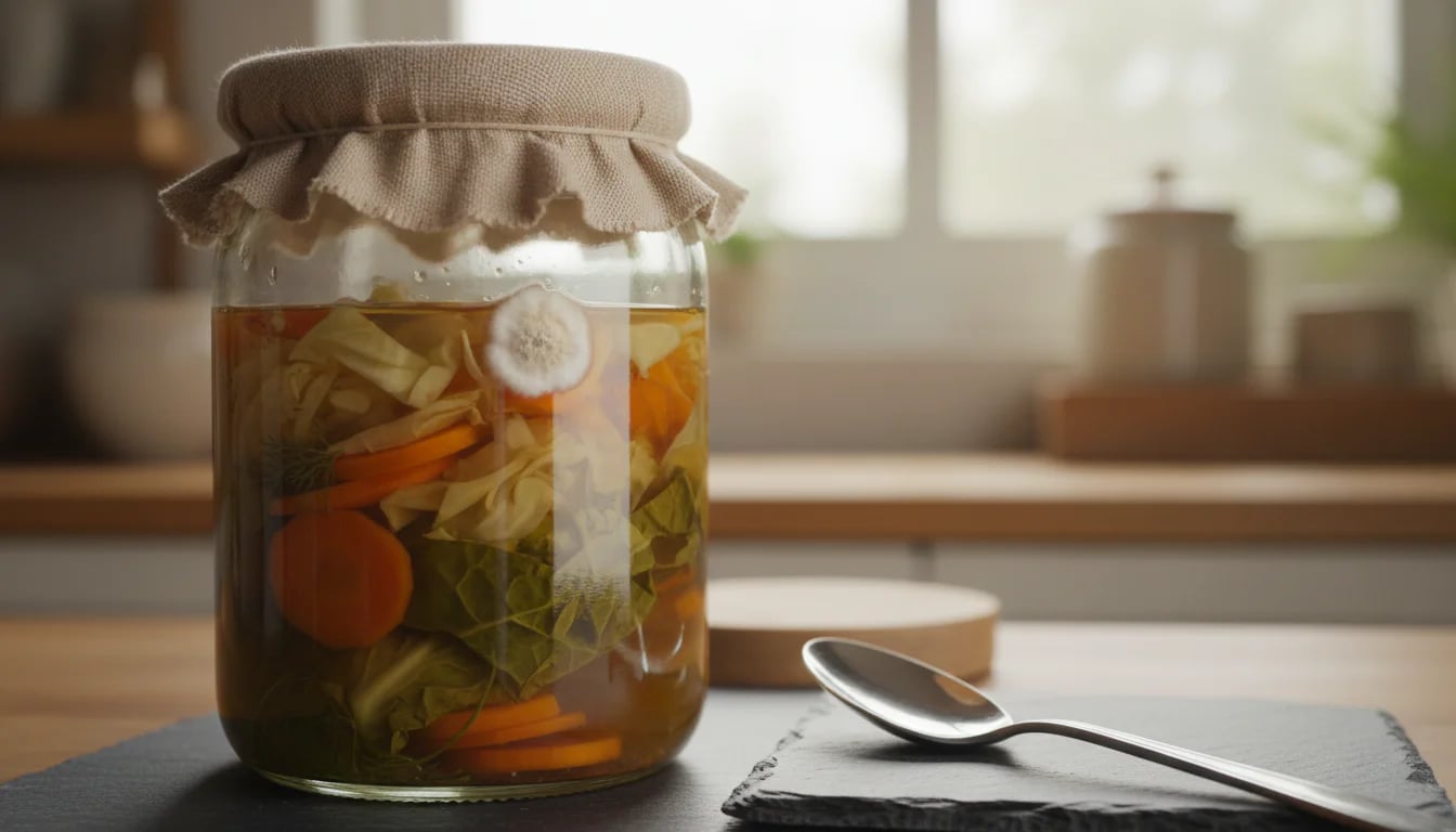 Fermentation jar showing surface mold with spoon nearby for removal