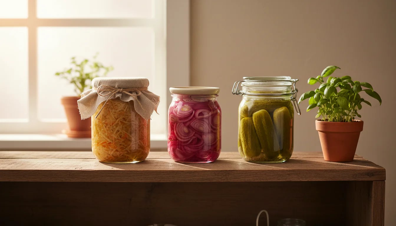 Rustic shelf with simple fermentation jars covered with cloth and plates