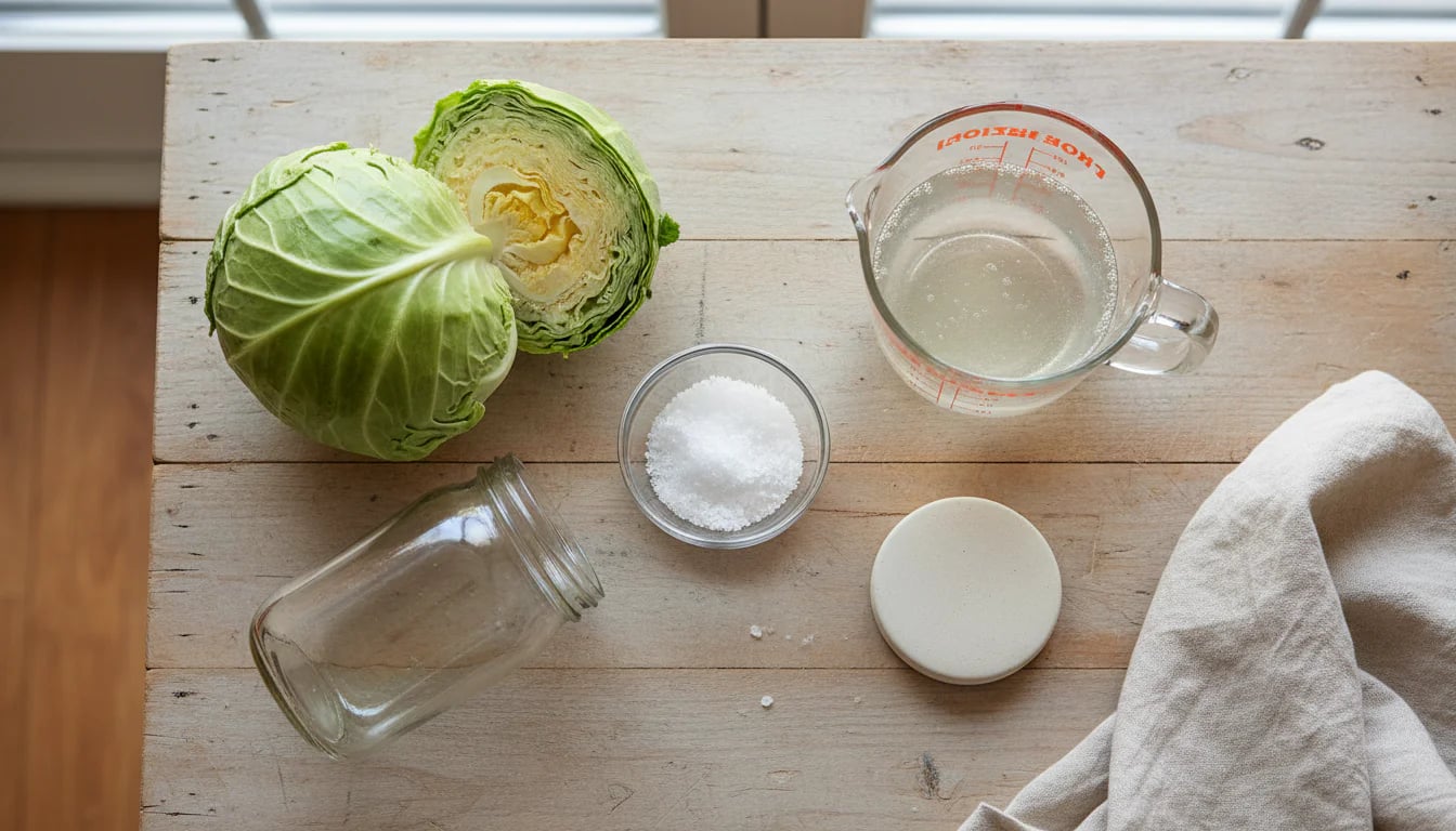 Overhead view of fermentation essentials: salt, cabbage, jar, and brine
