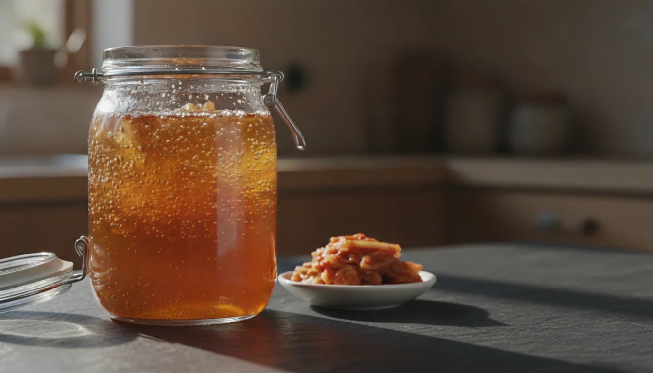 Mason jar of bubbling kimchi beside small dish of fermented vegetables on dark slate surface