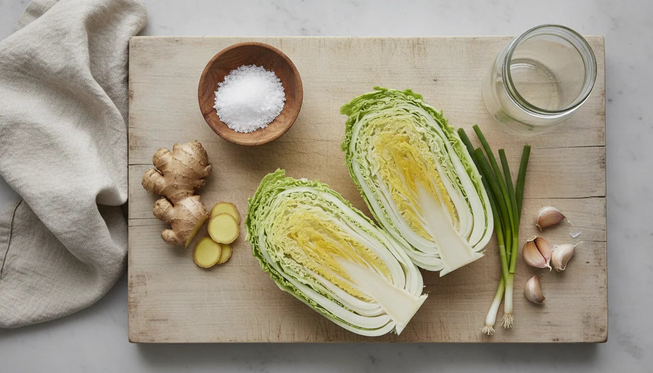 Overhead view of napa cabbage, ginger, garlic, salt, and empty jar arranged on wooden cutting board