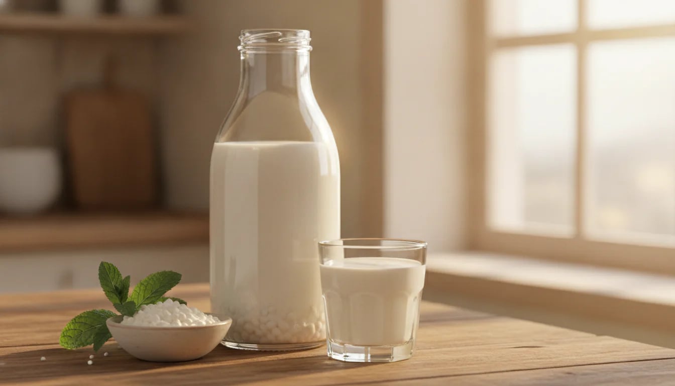 Glass bottle and glass of white kefir with kefir grains in small dish on wooden surface