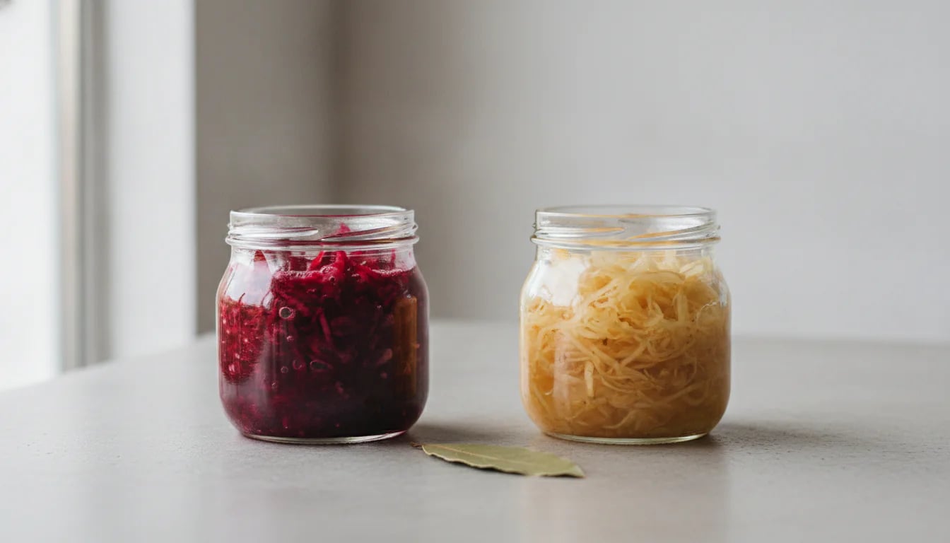 Two identical glass jars side by side containing purple fermented beets and golden sauerkraut on concrete surface