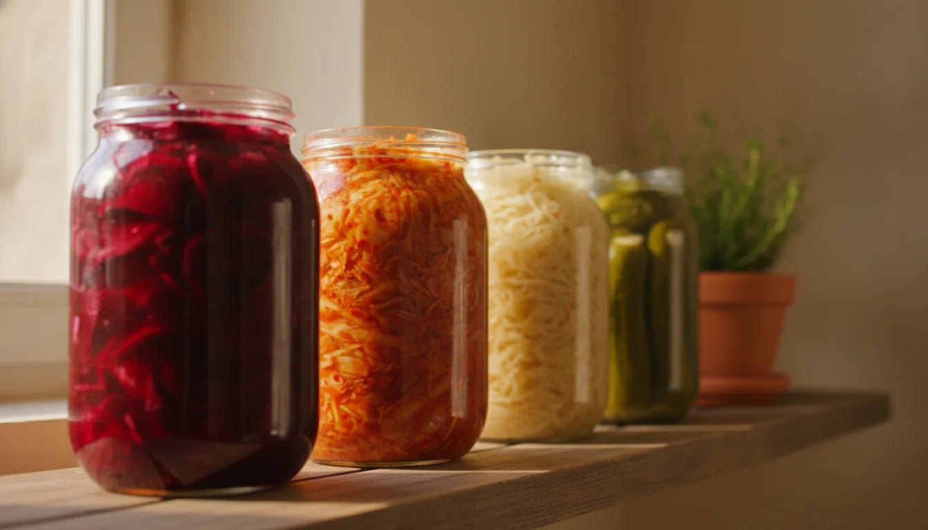 Wooden shelf displaying four jars of colorful fermented foods with potted herb plant