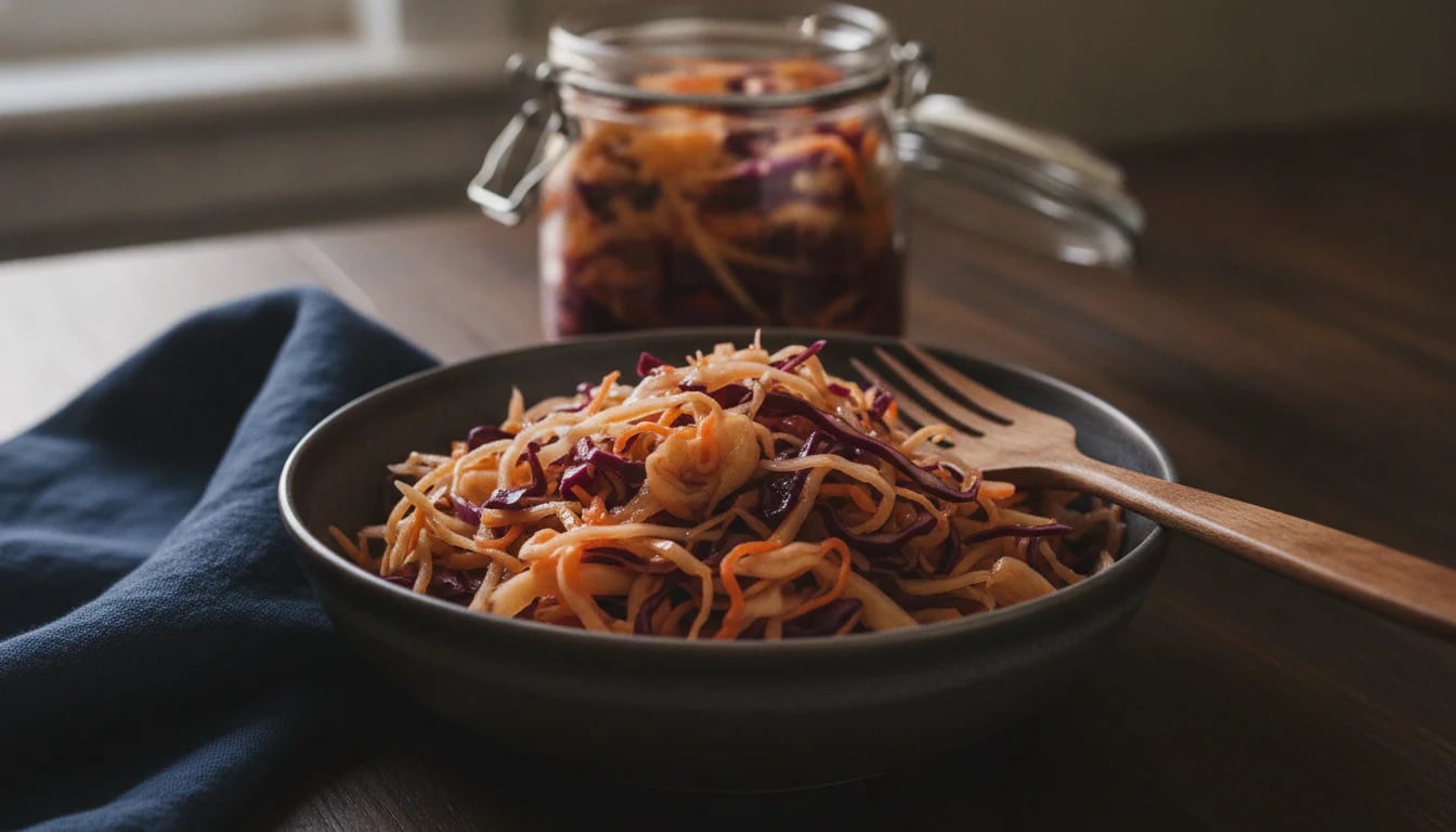 Ceramic bowl of colorful sauerkraut with wooden fork on dark table, jar visible in background