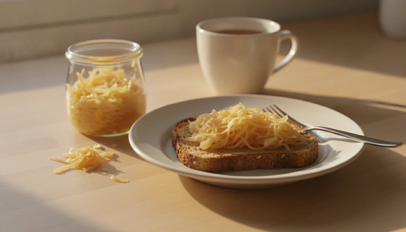 Simple breakfast plate with toast topped with sauerkraut beside open jar on wooden surface in morning light