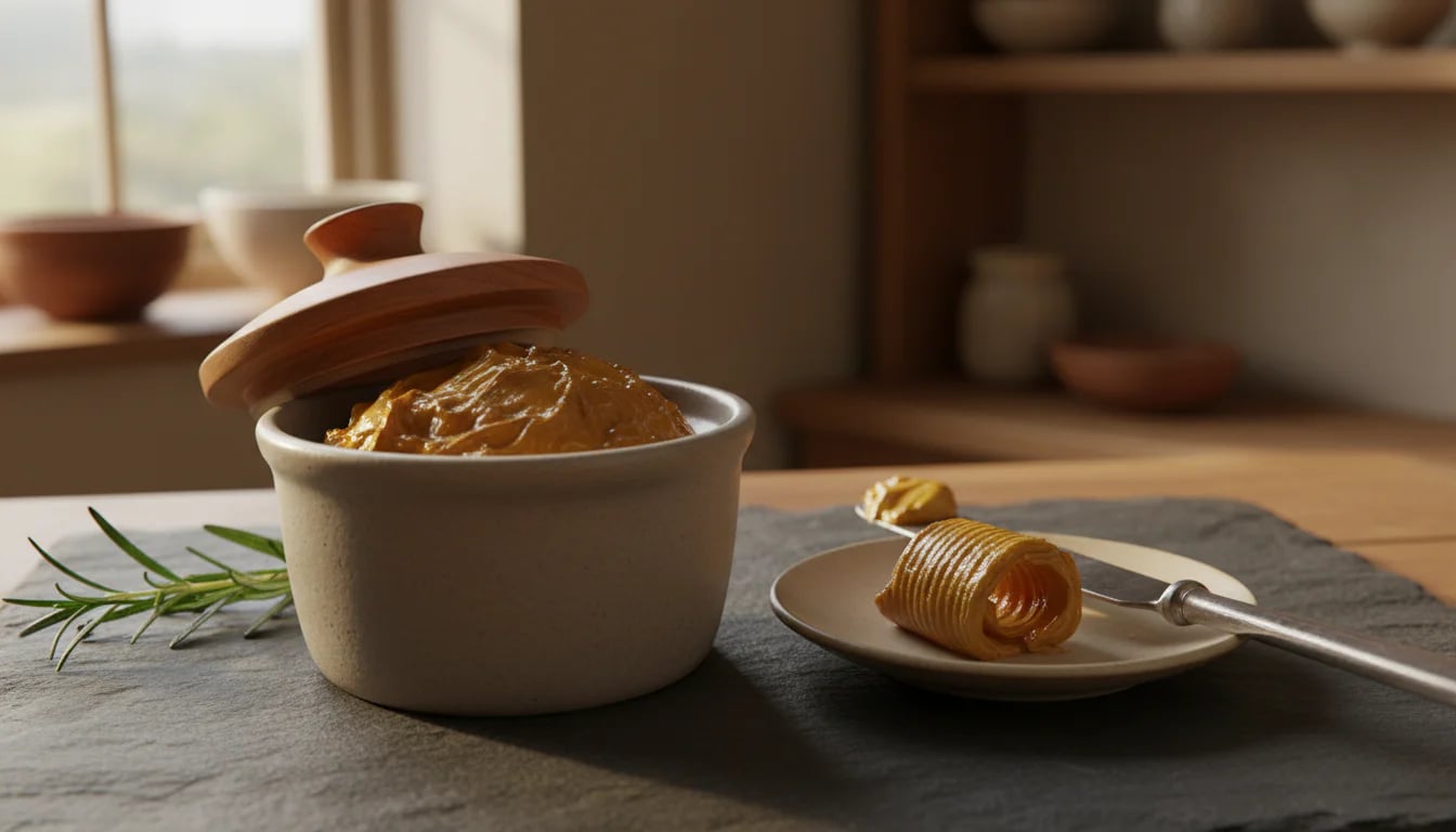 Ceramic butter crock with golden cultured butter and fresh rosemary