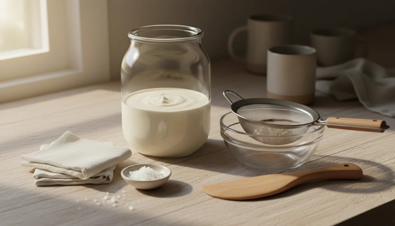 Essential butter-making tools arranged on wooden surface including jar, strainer, and paddle