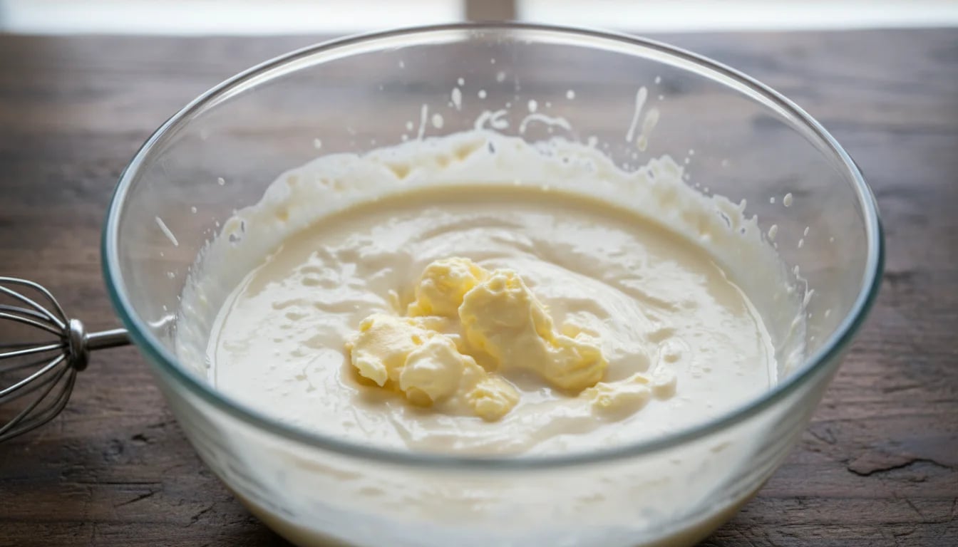 Cultured cream separating into butter solids and buttermilk during churning