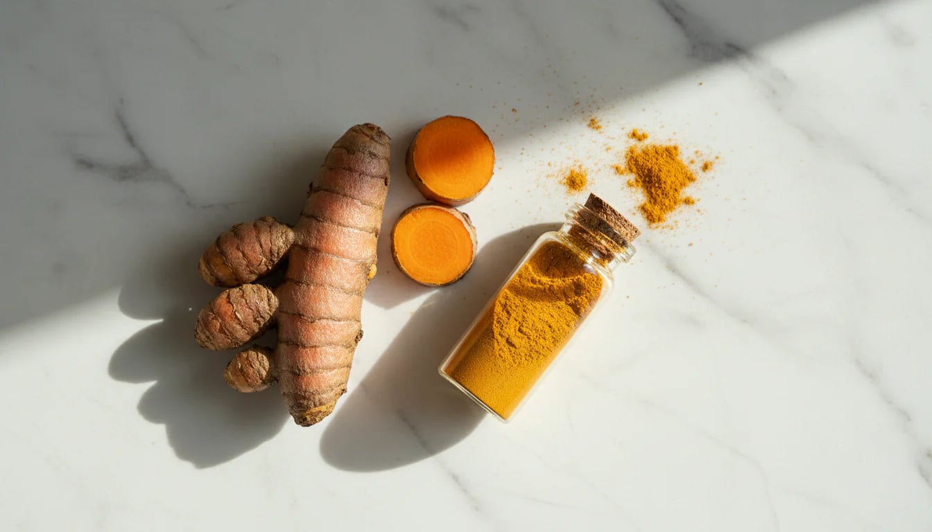 Fresh turmeric root cut open beside glass vial of curcumin powder on marble