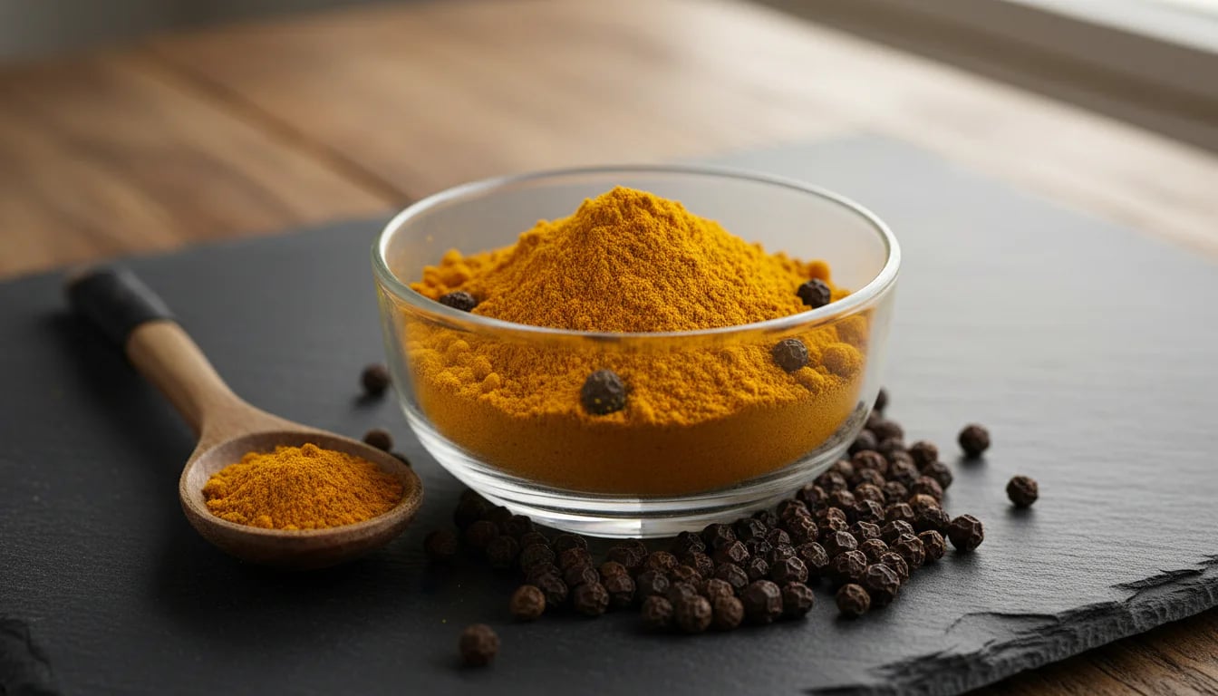 Bowl of turmeric powder surrounded by black peppercorns on dark slate surface