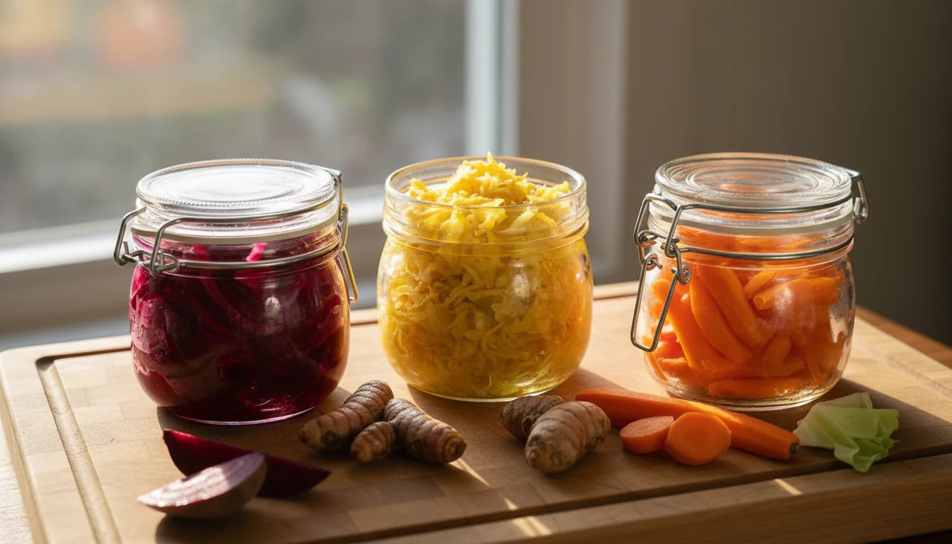 Three glass jars of colorful fermented vegetables with fresh turmeric on wooden board