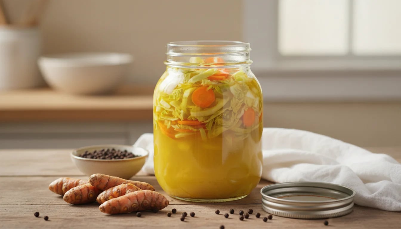 Mason jar of turmeric-fermented vegetables with fresh turmeric and peppercorns on wooden table