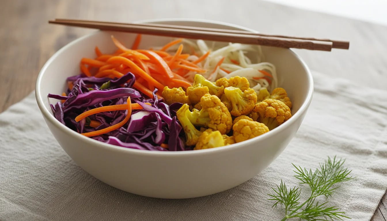 Ceramic bowl of colorful fermented vegetables with chopsticks on linen placemat